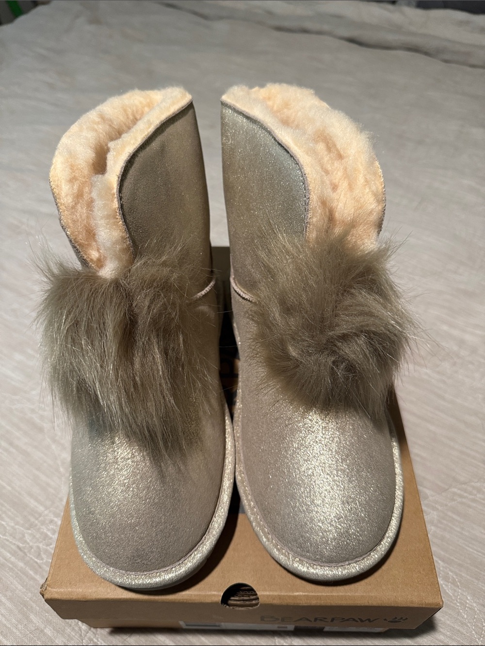 BearPaw Women’s Metallic Taupe Faux-Fur Winter Boots